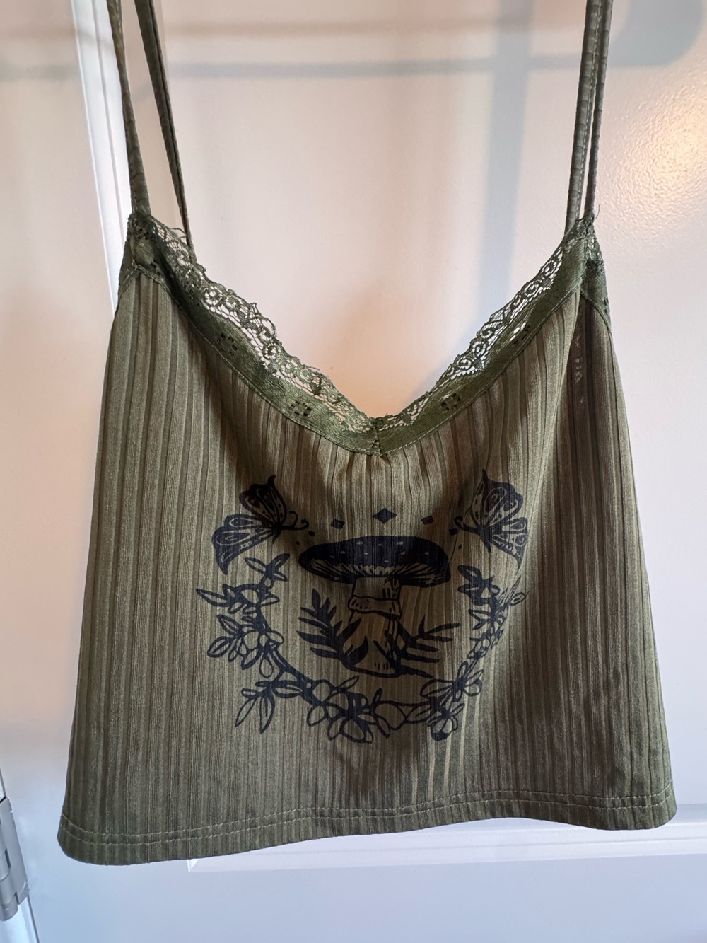 Lace-Trim Olive Green Mushroom Print Tank Top